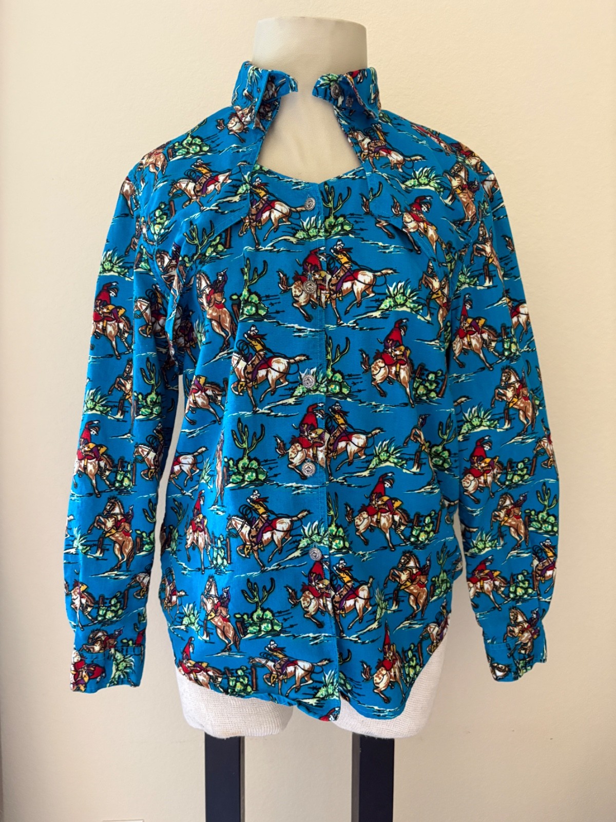 Vintage 90s Womens Western Wear Button down Blouse S Blue Rodeo Country Cowgirl