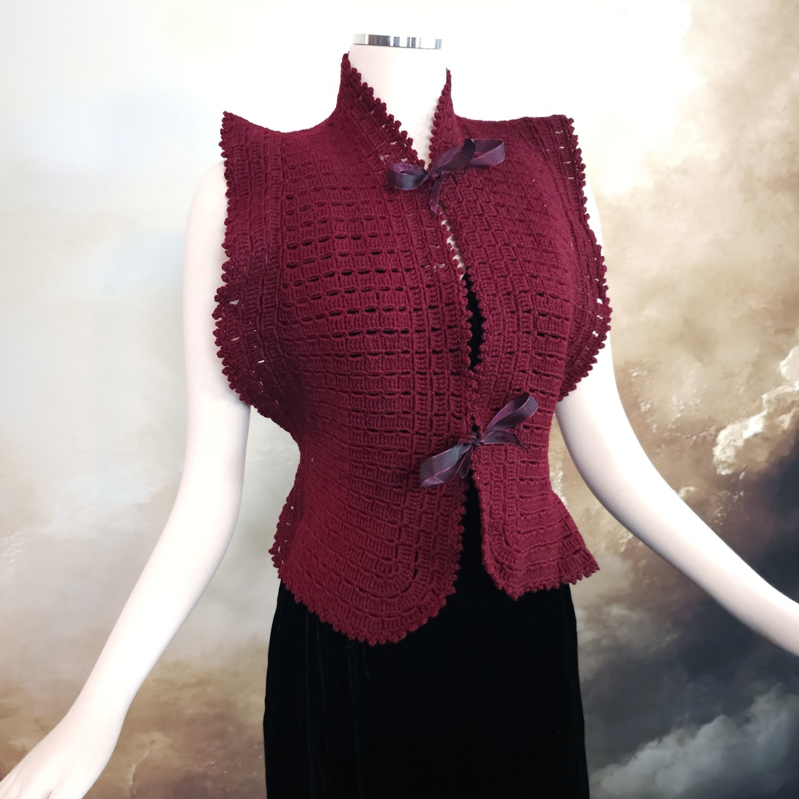 Burgandy Red Crochet Antique Vest 1920s 1930s Art Deco Sweater Shawl Bow Ties…
