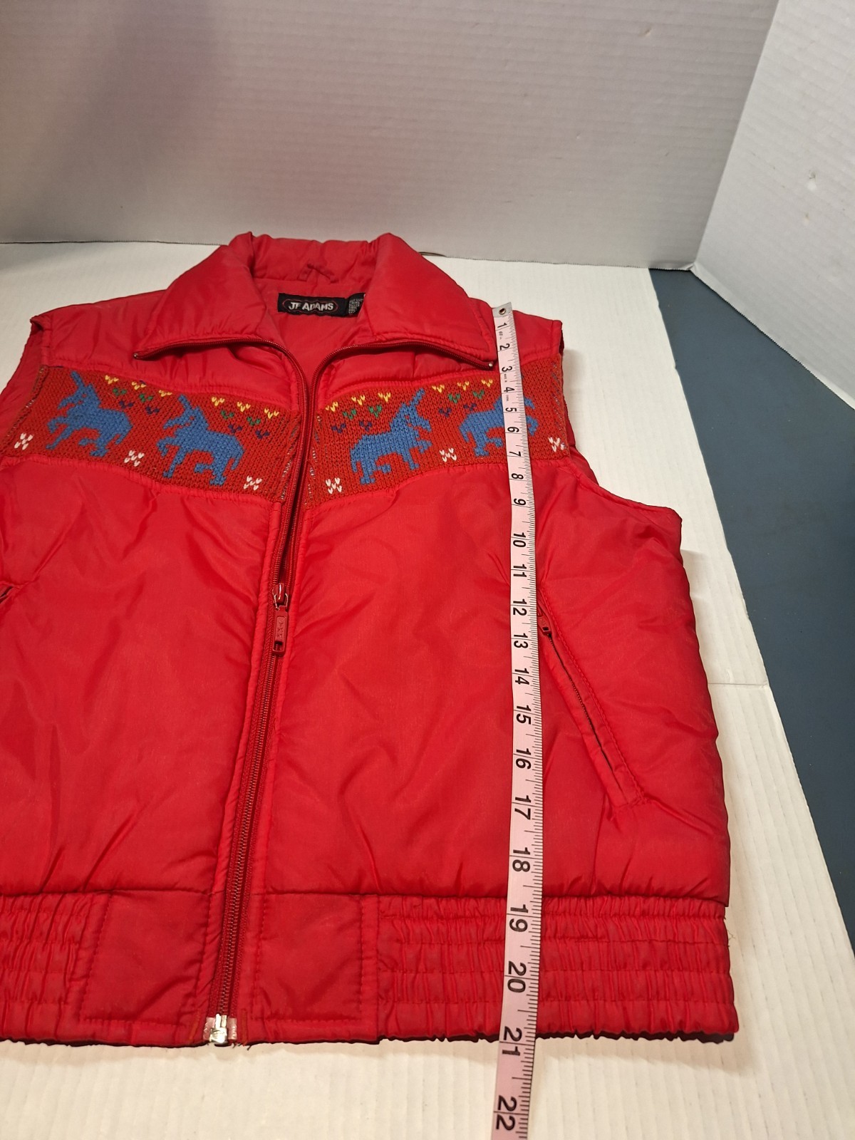 Vintage JF Adams Puffer Vest, Woman’s L, Red, Crochet Design, Zip