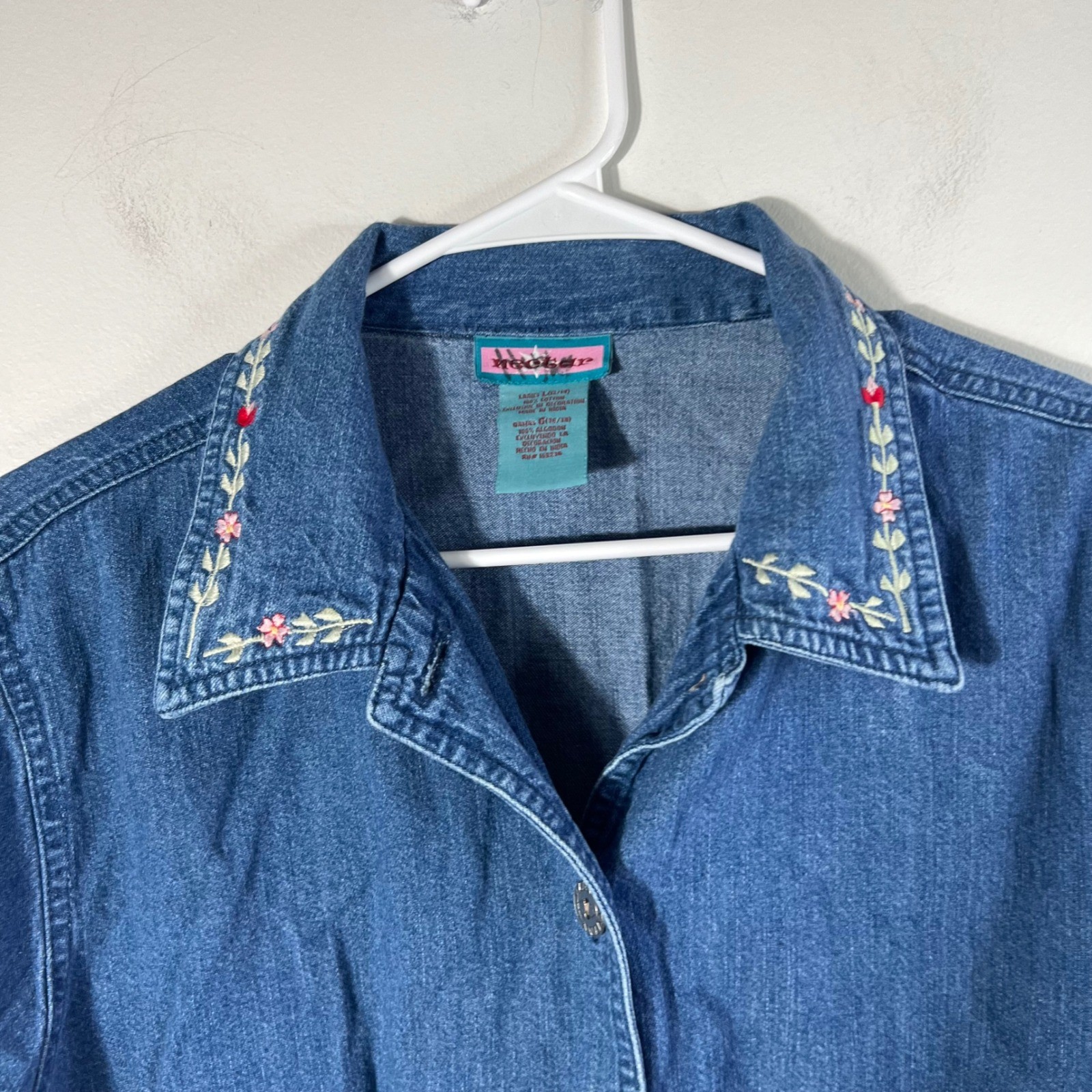 Womens Vintage Nectar Floral Embroidered Denim Button Jacket Cotton L Blue