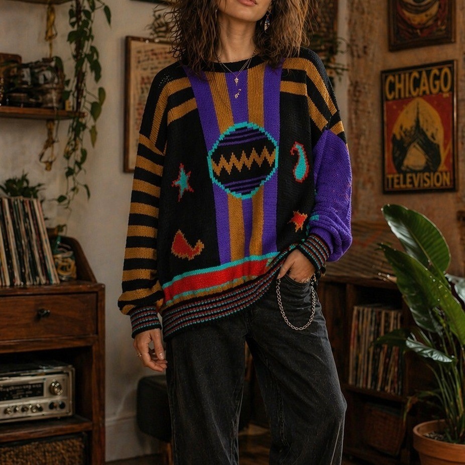 Zeppelin Vintage 90s Abstract Geometric Womens Knit Sweater XL Black Multi