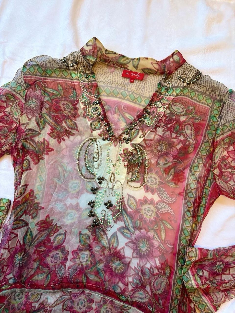 Y2K René Derhy Paris Beaded Sheer Mesh Floral Blouse Pink Fairycore Whimsigoth