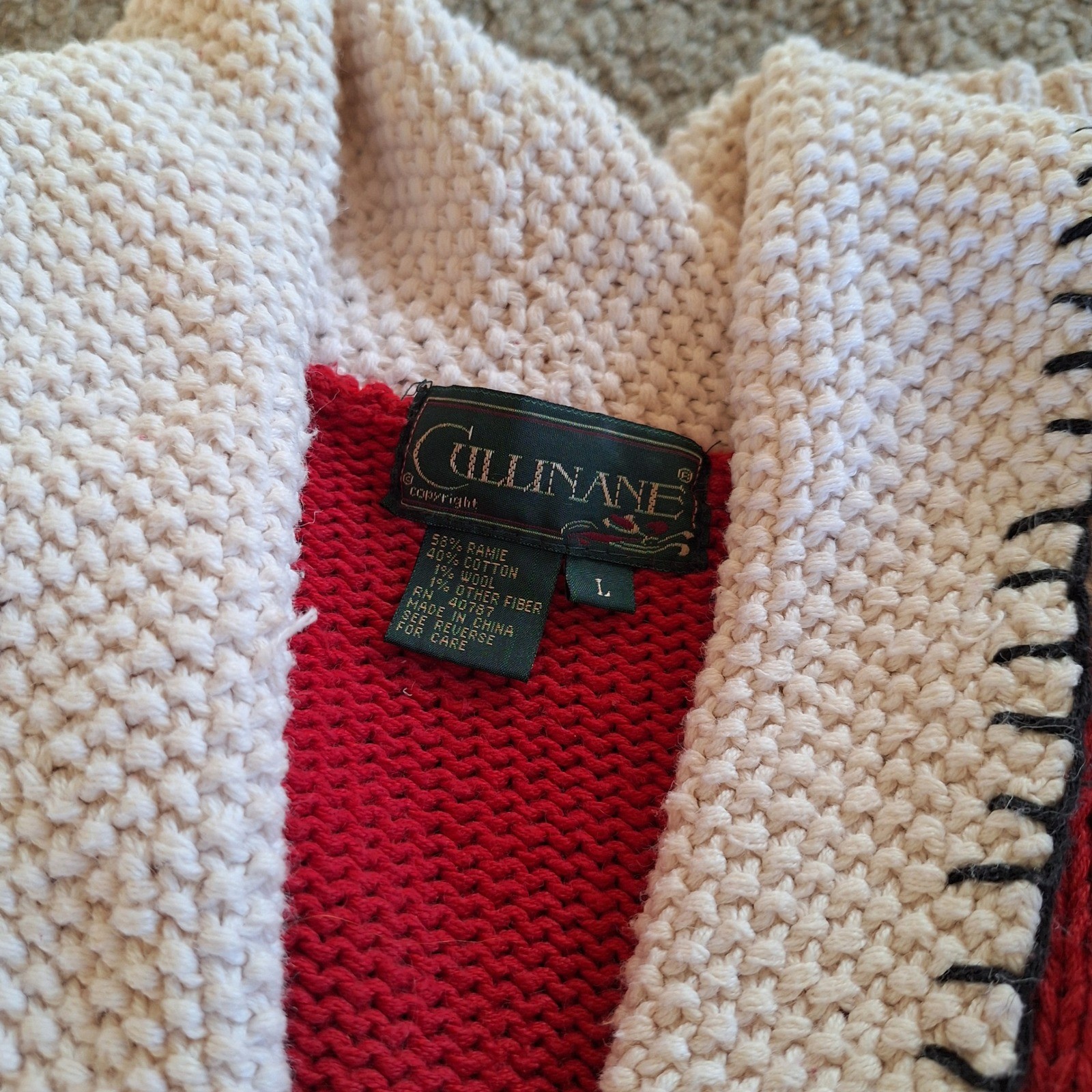 Cullinane Vintage Hand Knit Christmas Cardigan Shawl Collar 3D Whipstitch L