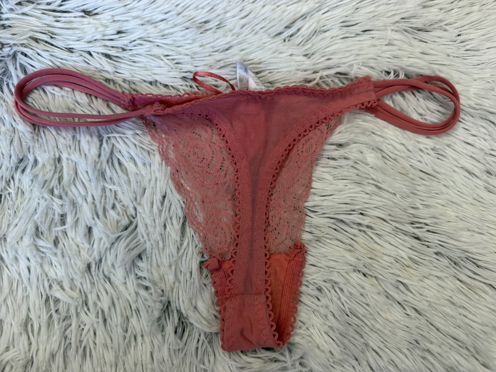 Vtg Panties Y2K Women’s Pink Thong side Straps Mesh Lace Sz Lg Strappy