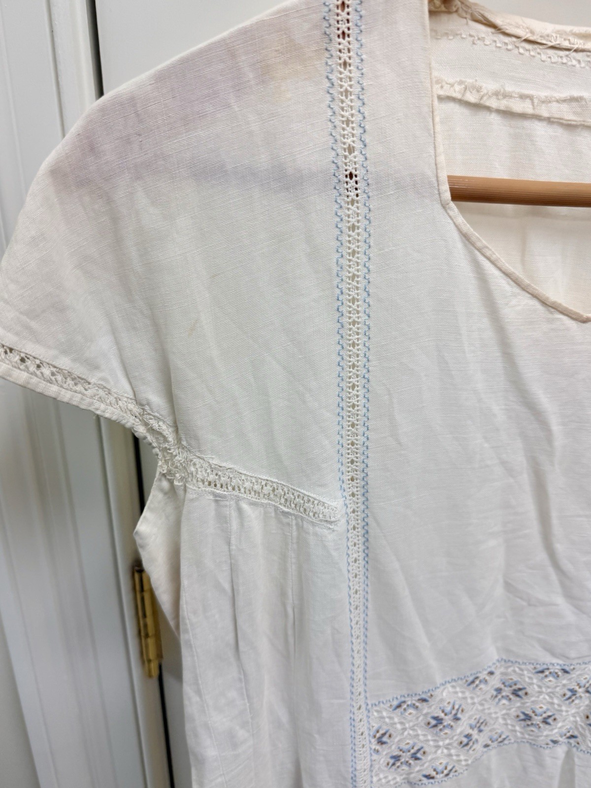 1920’s Antique Hand Embroidered Linen Chevron Lace Cottagecore Cream Lawn Dress