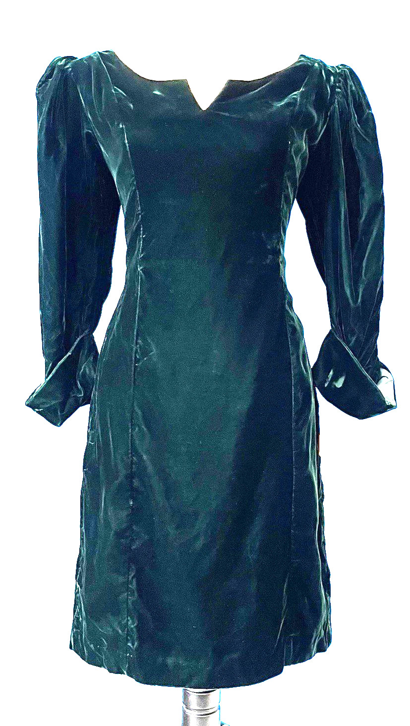 EXPO NITE NWT Vintage 80s Women’s Green Velvet Dress Puff Sleeve Lined Size 12