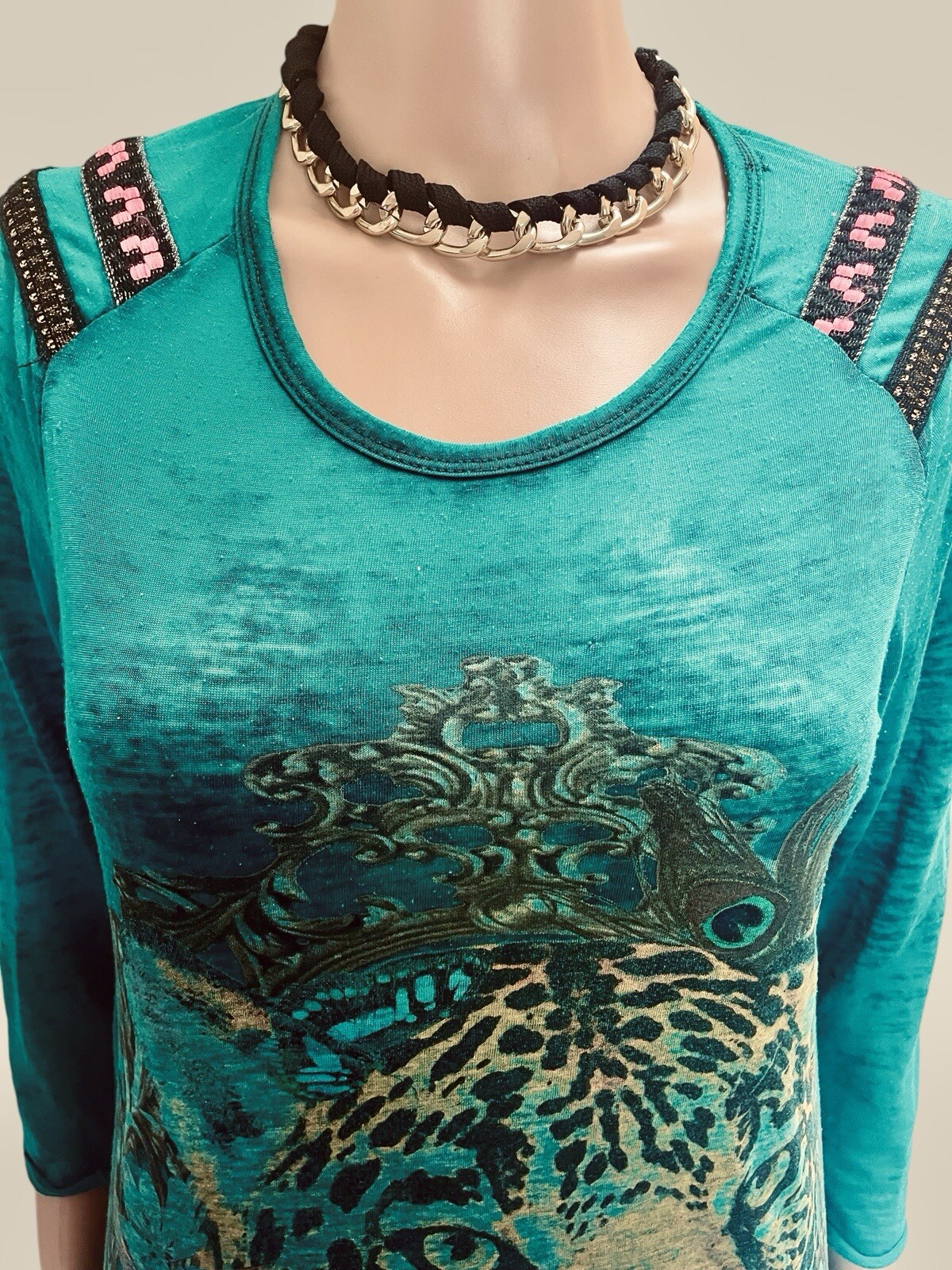 Custo Barcelona Top Vintage Y2K Leopard Print Graphic Cotton Burnout Boho Luxe