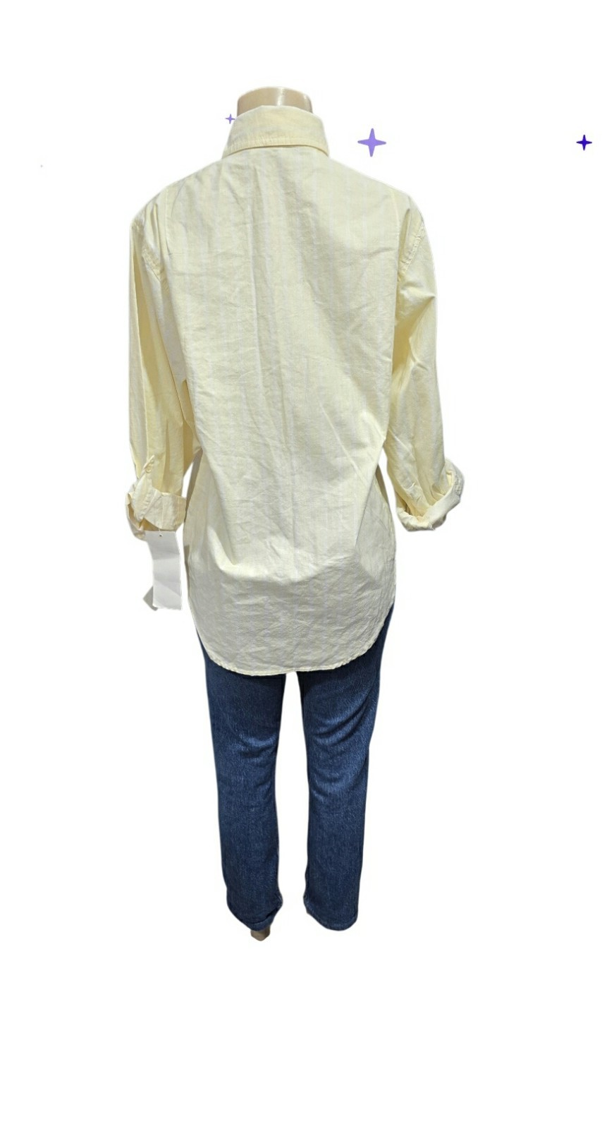 VTG 80s Ilio Striped Yellow White Button Up Shirt Roll Tab Sleeve Size S