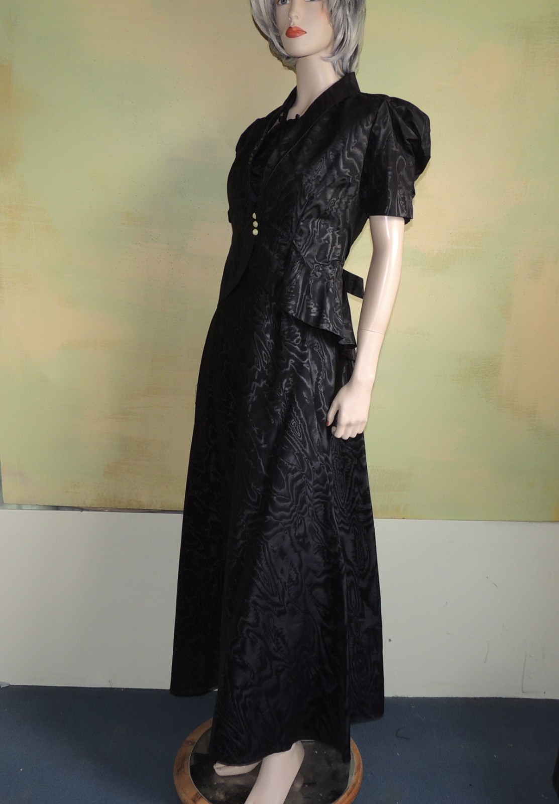 Marontate 40s Dress Black Moire Taffeta Halter with Peplum Jacket
