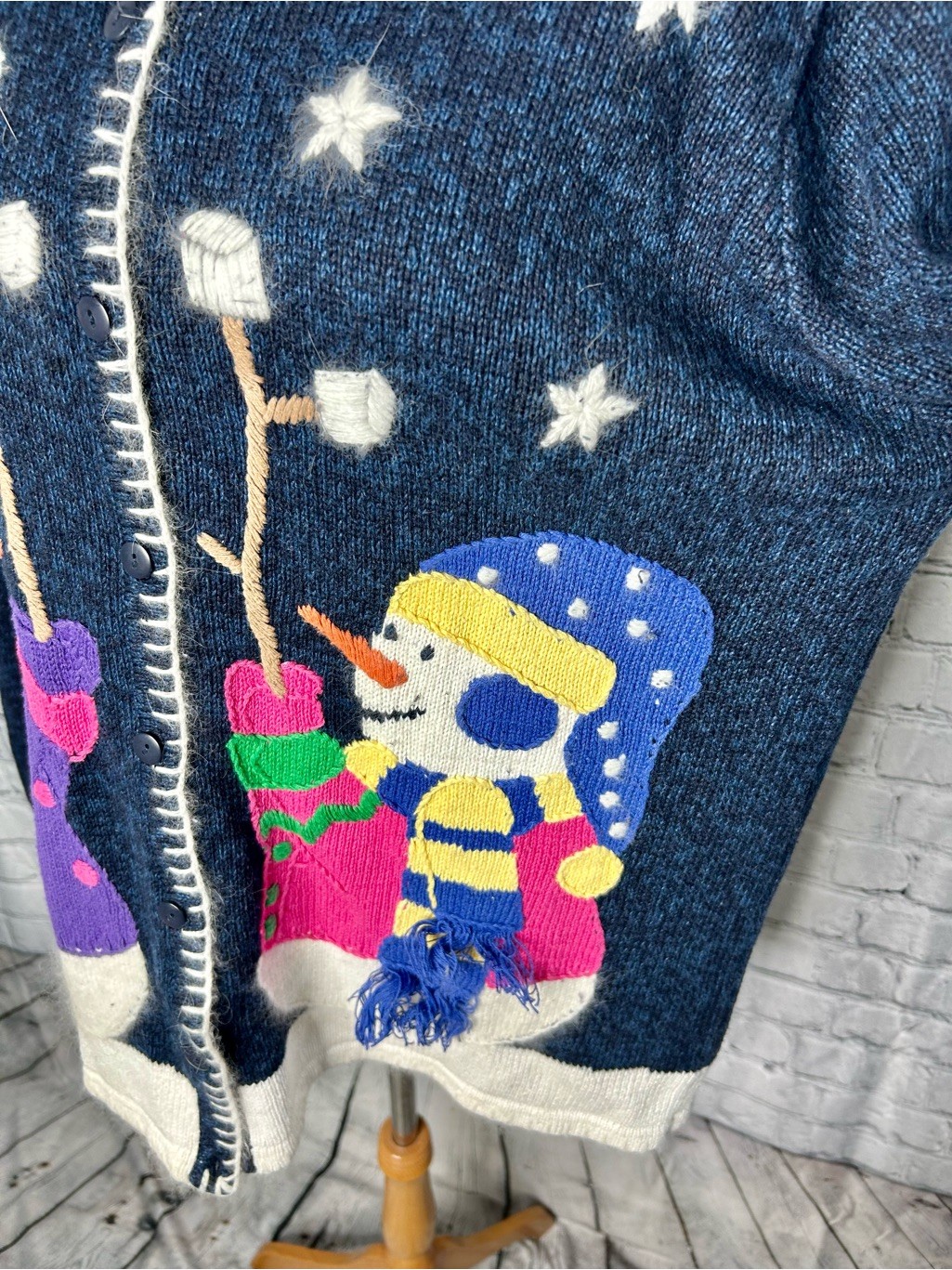 Grandma Eclectic Snowman Vintage Cardigan Navy Blue Knit Button Front