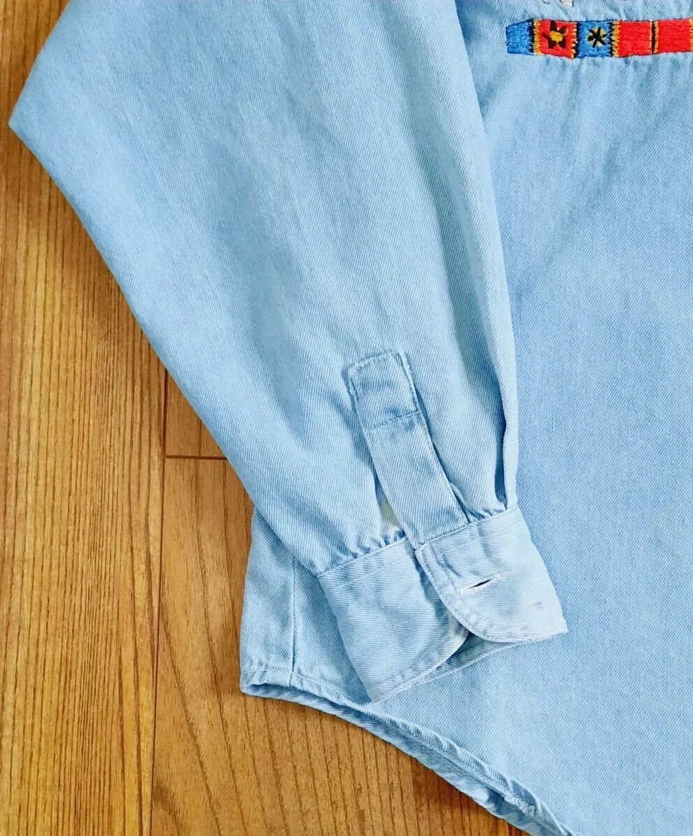 Vintage Jou Jou Long Sleeve Denim Jean South Western Indian Embroidered Shirt XL