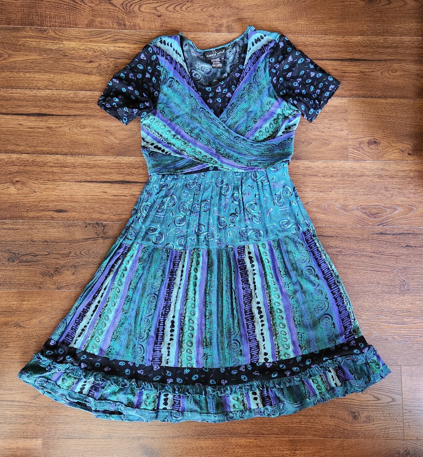 Carol Little Vintage 90s Blues Purple Black Bohemian Dress Short sleeve Size 14