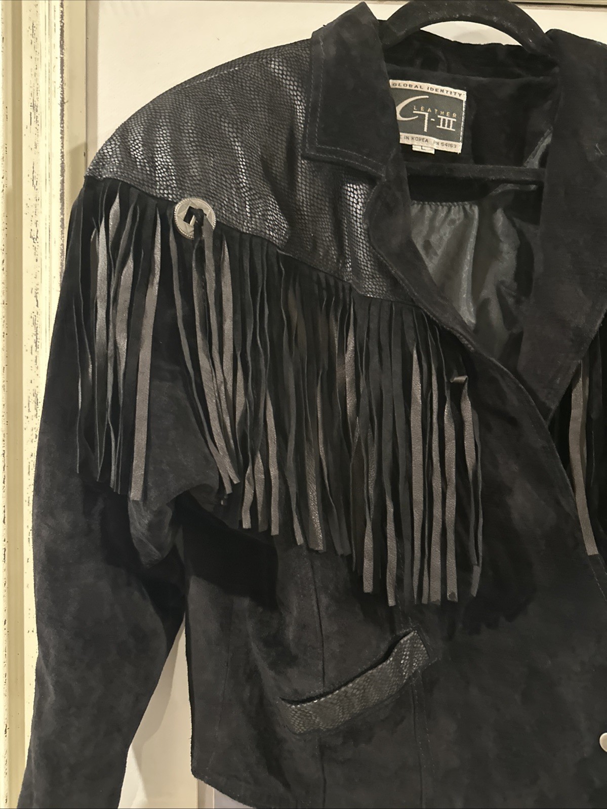 Global Identity Leather Jacket Western Rodeo Fring Black Sz L Rn 54163