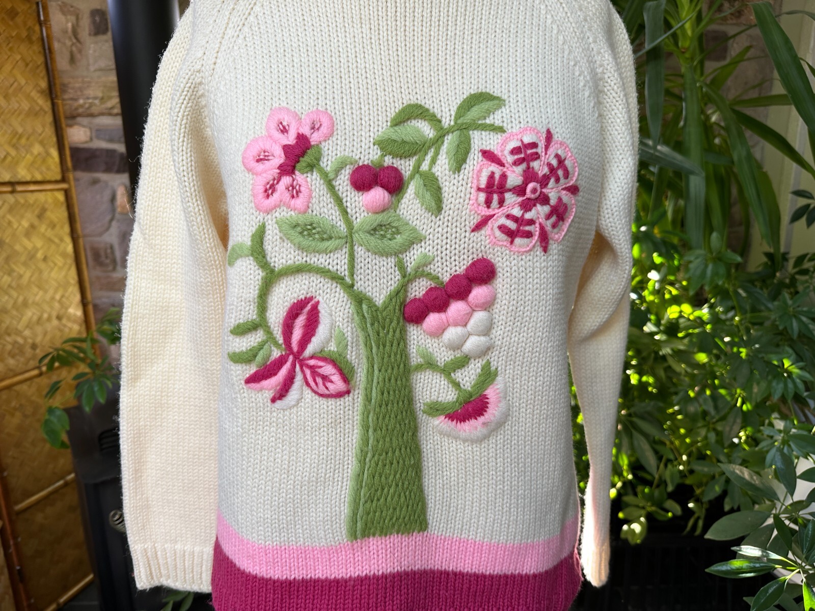 Vintage 1970s Ivory and Pink Embroidered Wool Crewneck Sweater
