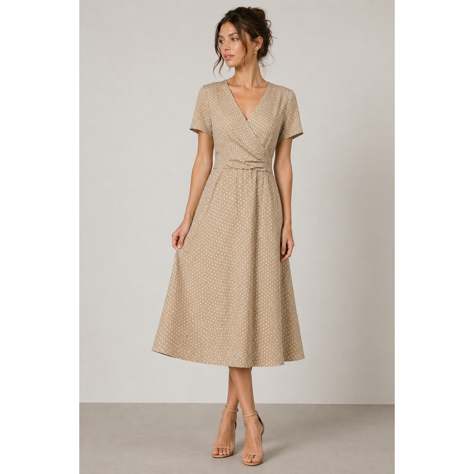 D.J. Summers Polka Dot Midi Dress Vintage Retro Minimalist Boho Tan Polyester 12