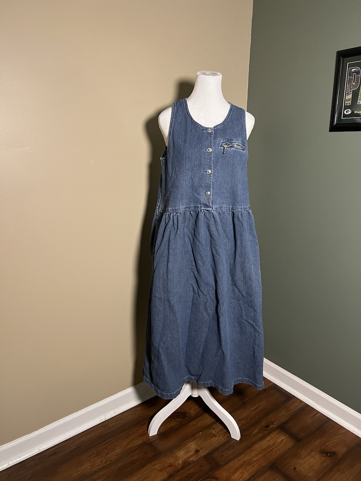 Vintage 90s Denim Midi Dress With Pockets Silver Sun Buttons Chest Zipper READ