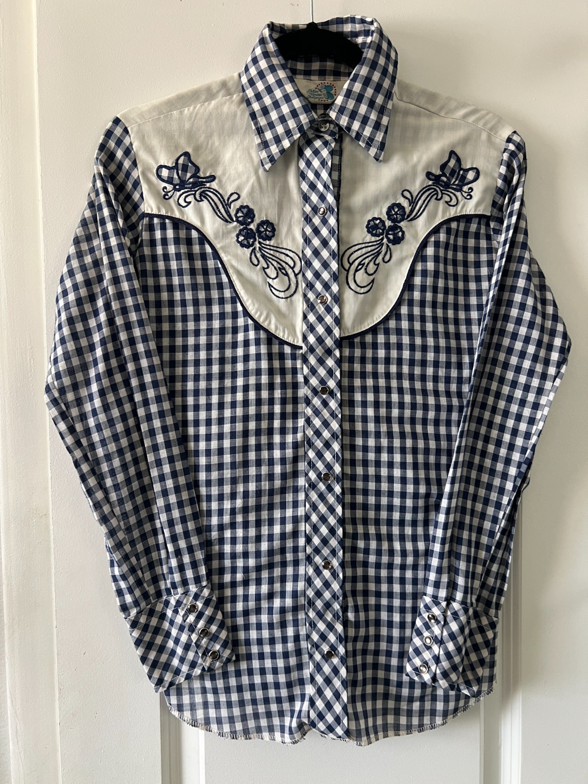 Vintage Miss Rodeo America Western Shirt Blouse Blue Gingham with Embroidery