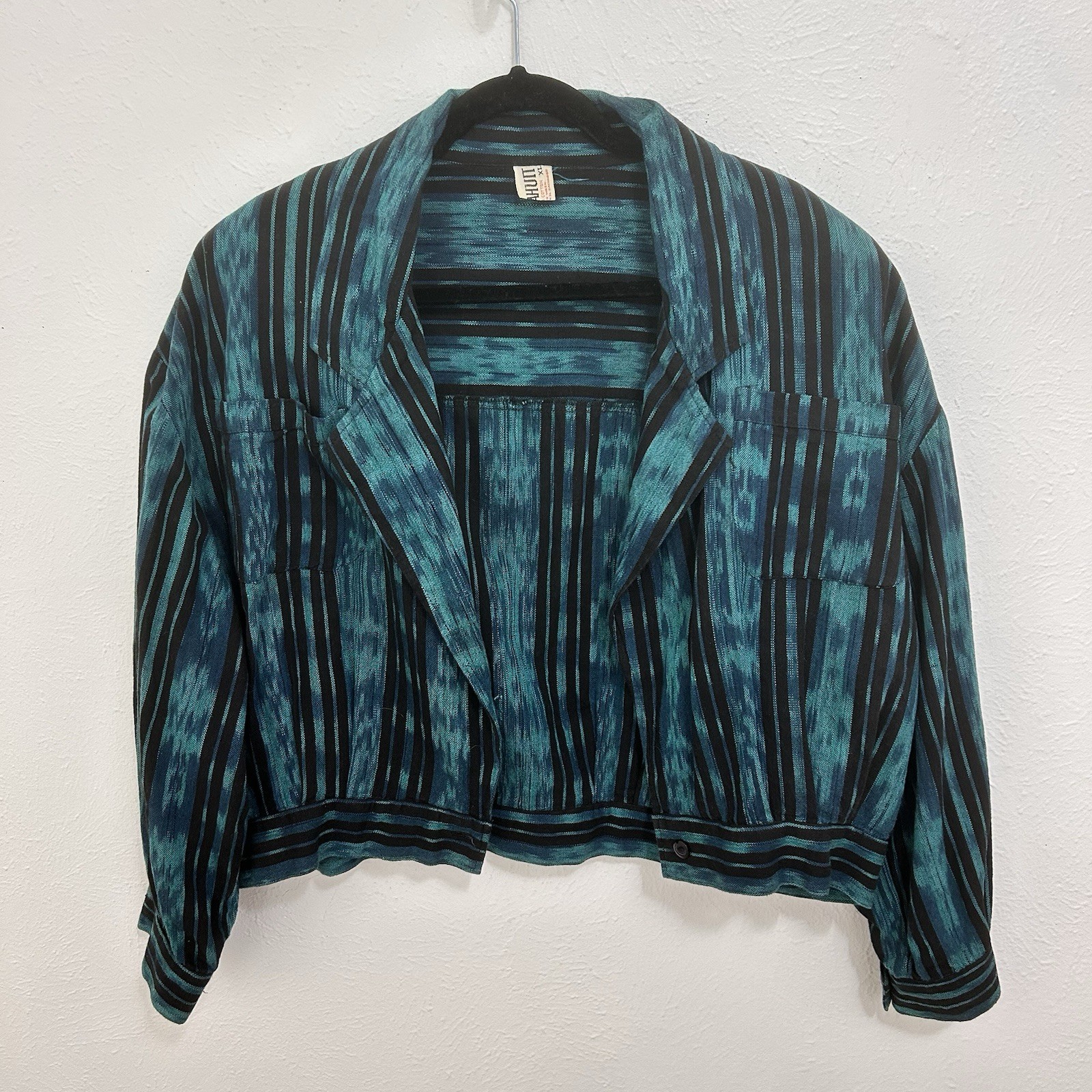 Vintage 80s Teal Blue Striped Cropped Jacket Size XL Colorful Western Southwest