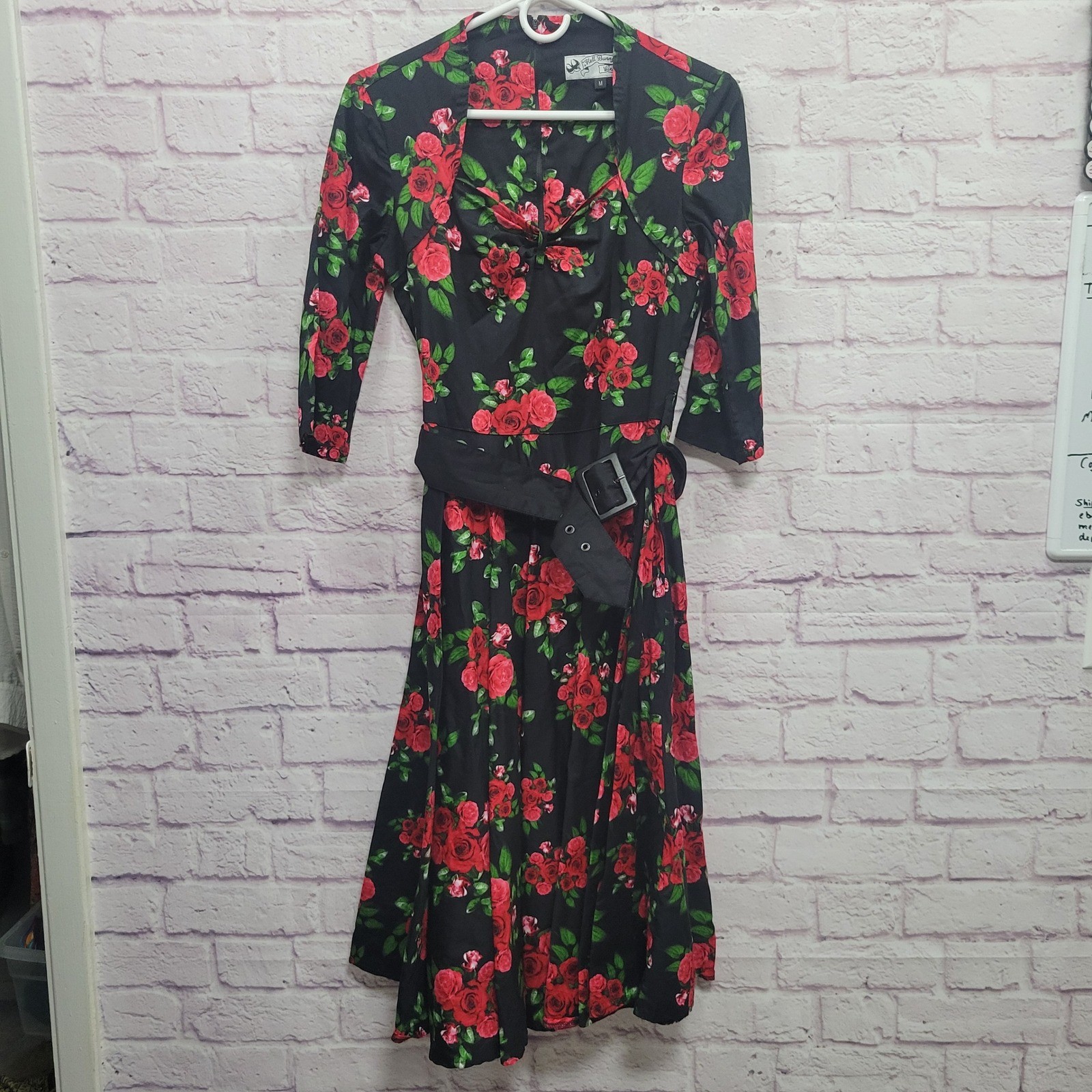VTG Hell Bunny Vixen Rose Swing Dress Size M Belted 50s Gothic Rockabilly Retro
