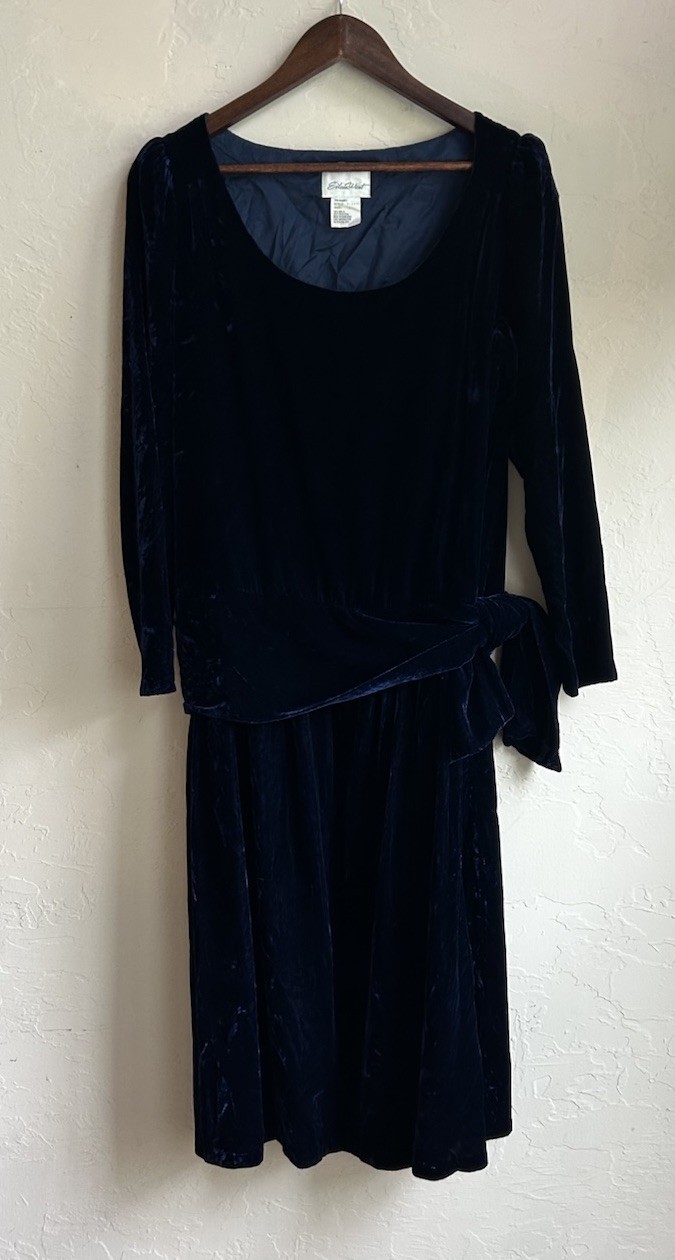 Vintage Eileen West Royal Blue Crushed Velvet Dress L Holiday Dropwaist Gatsby