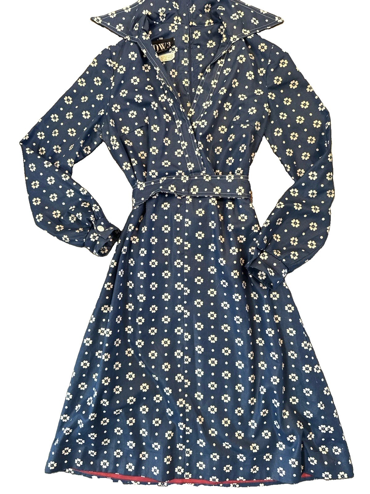 Vintage 1970s DW3 David Warren Collared Dress Navy & White Floral Belted Sz S/M