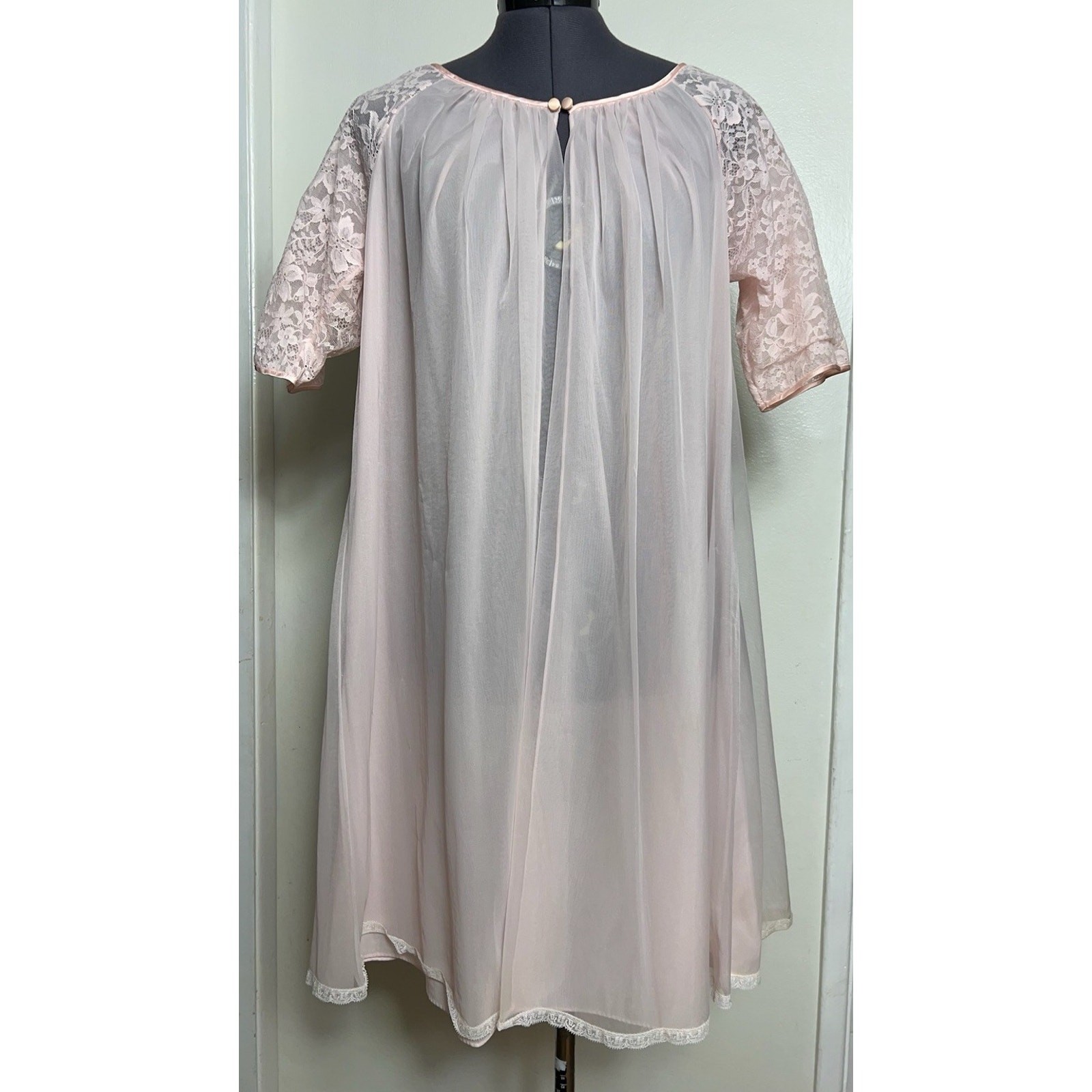 Vintage 1950s Vanity Fair Pink Chiffon Peignoir Robe Lace Sheer Babydoll XS