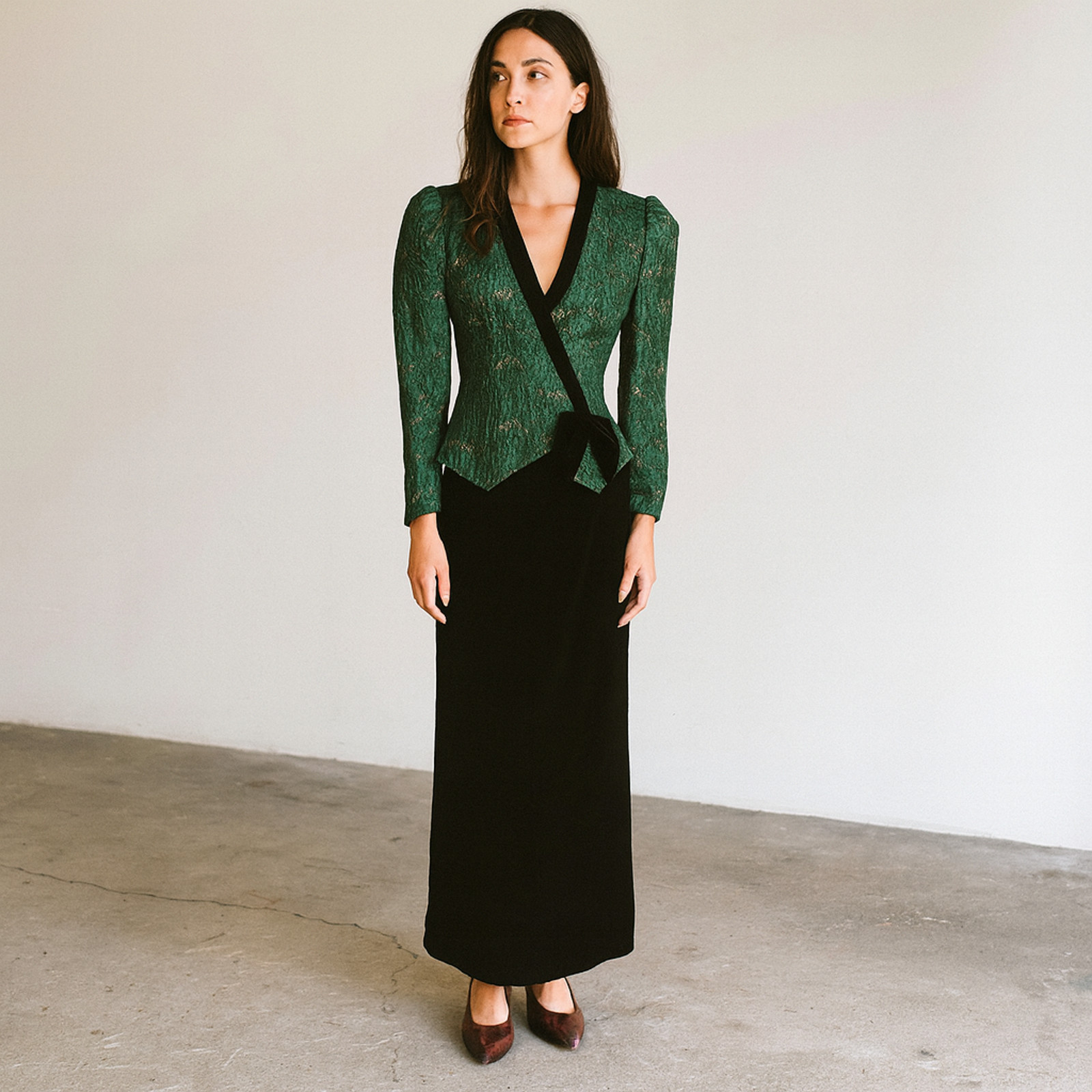Vintage 1980s Green Gold Brocade and Velvet Two Piece Dress XS/S
