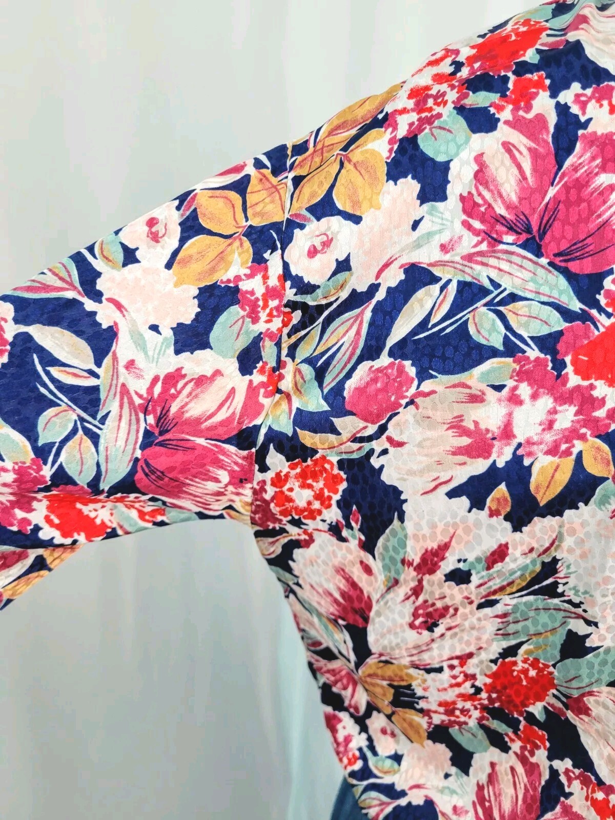 Vintage Jeri Marque Floral on Navy Blouse w Knit Cuffs & Waistband Sz M/L?