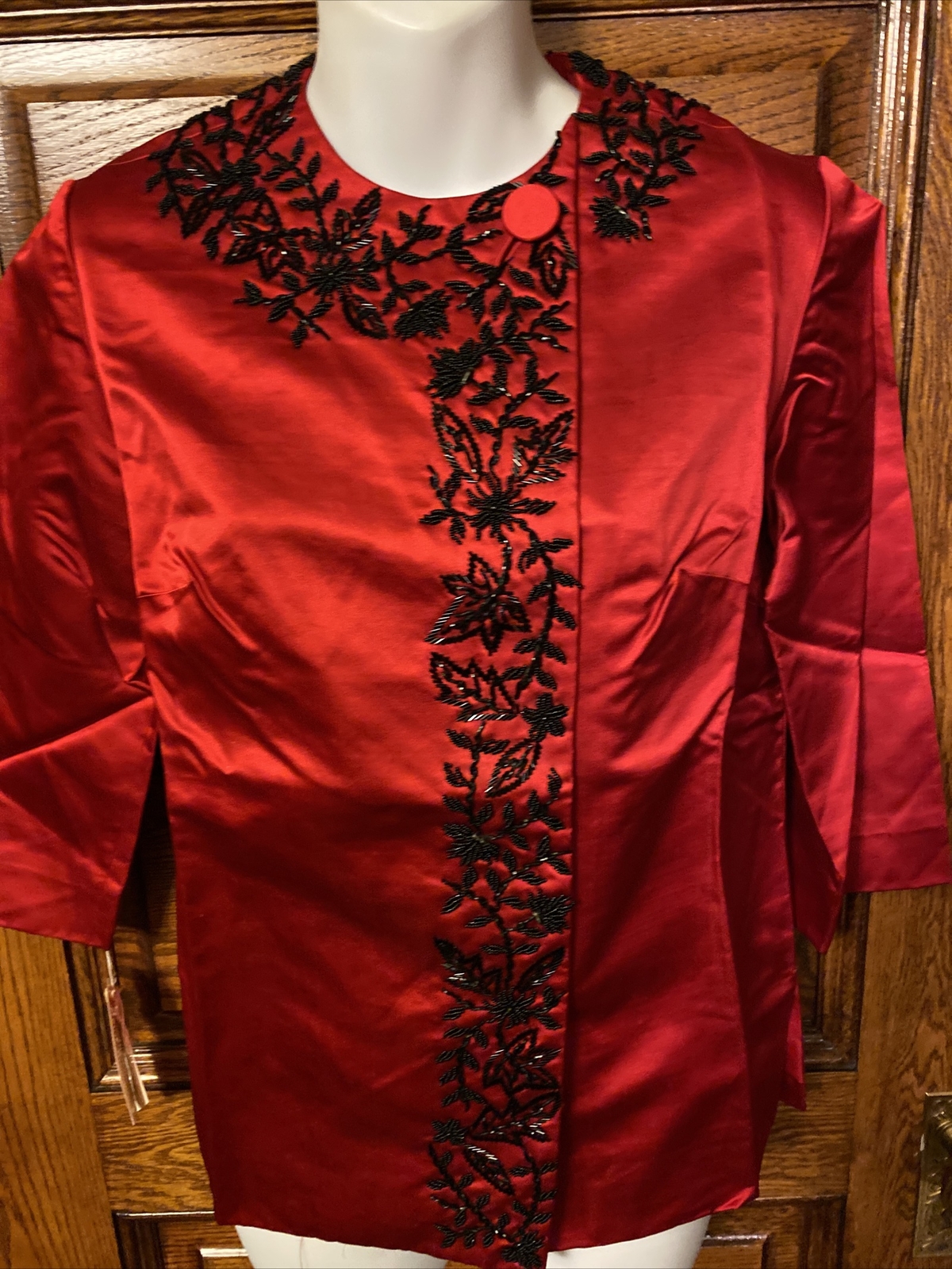 NOS Vintage 60s BARBARA LEE Red Silk/Rayon Beaded JACKET, Original DAYTON’S TAG!