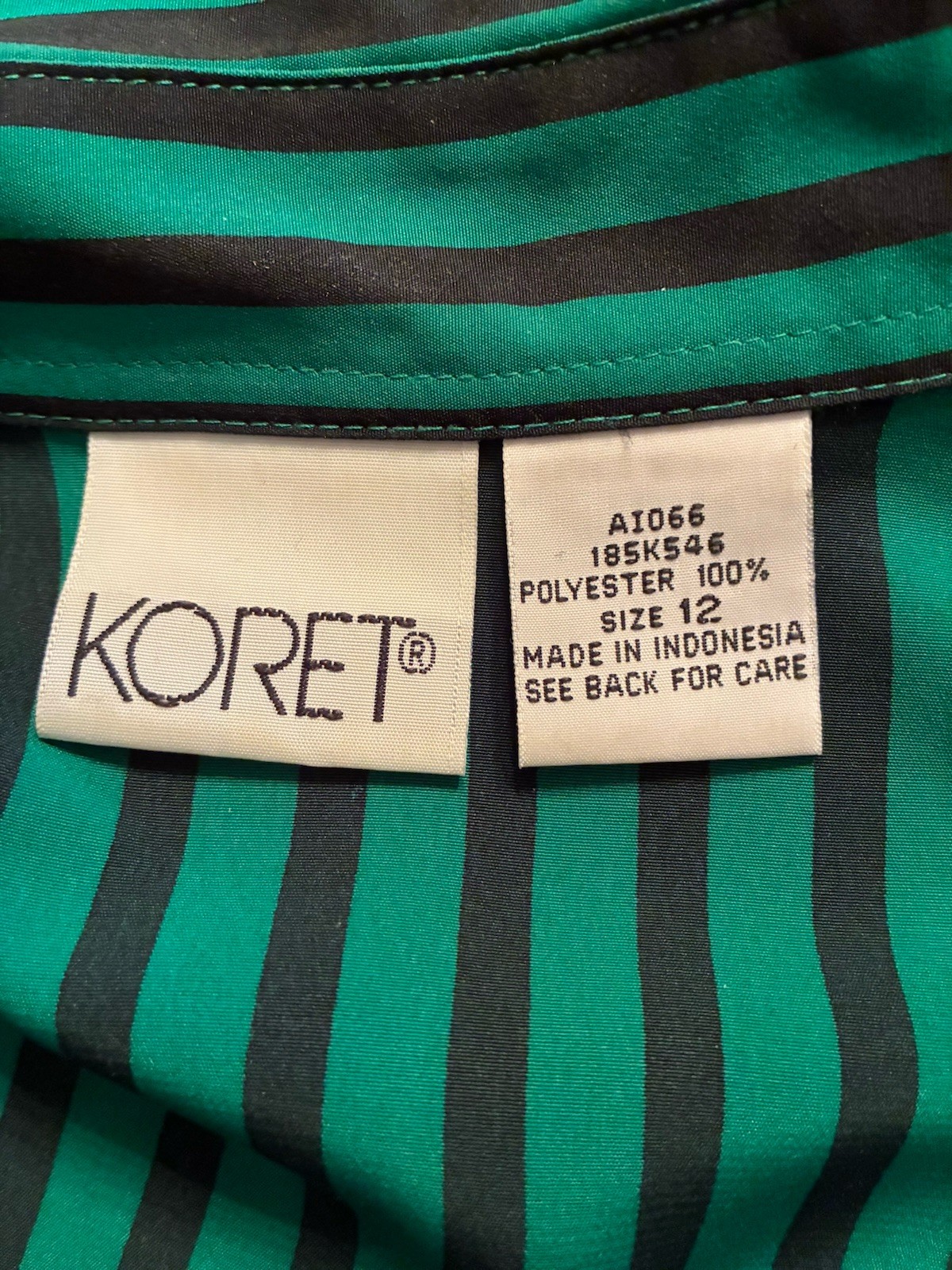 VTG Koret Green Black Stripe Long Sleeve Button Blouse Shirt Size 12
