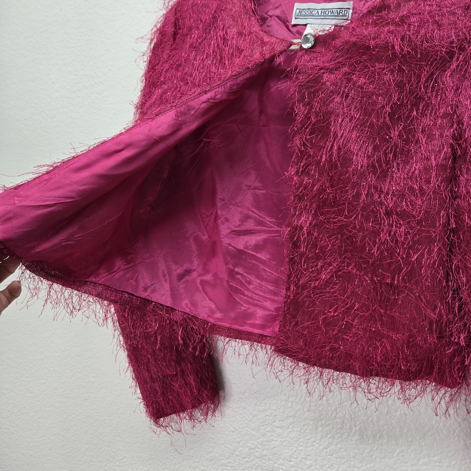 VTG Jessica Howard Fuchsia Pink Shaggy Faux Fur Crop Jacket Evening Coat S Shag