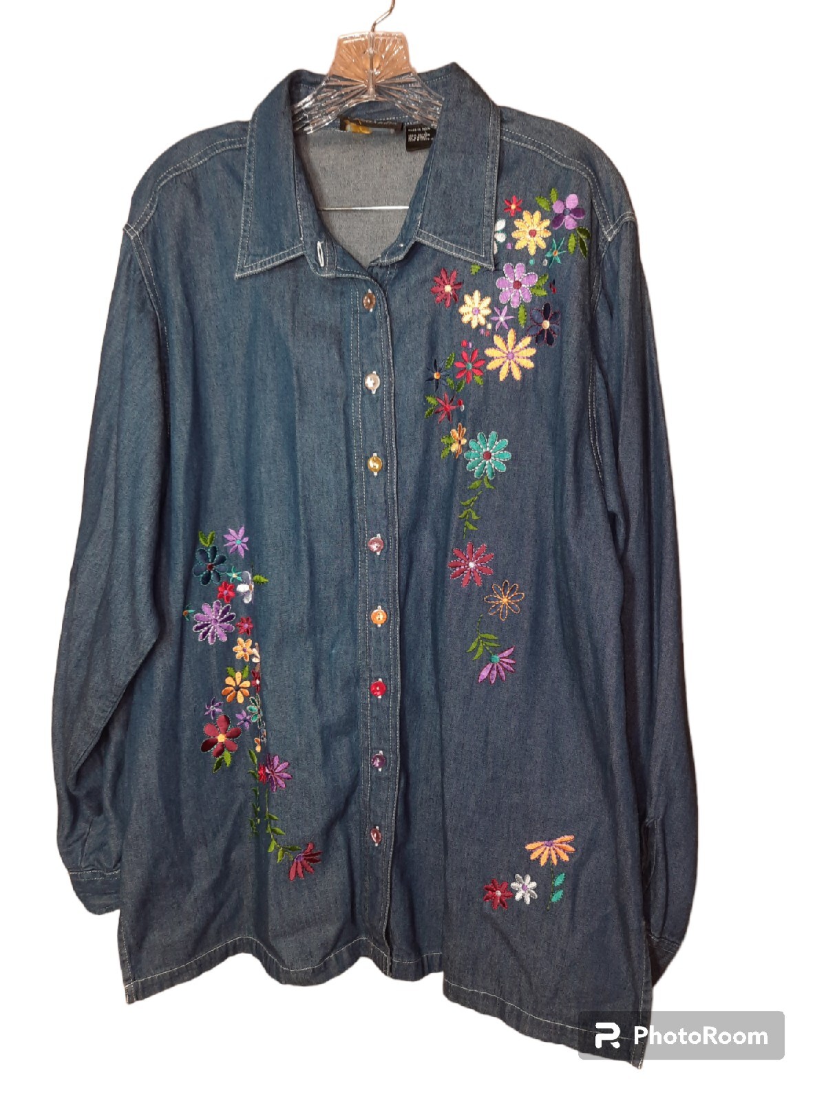 Fantastic Colorful Vtg Silver Threads Button Top Denim Blue Embroidered Daisies