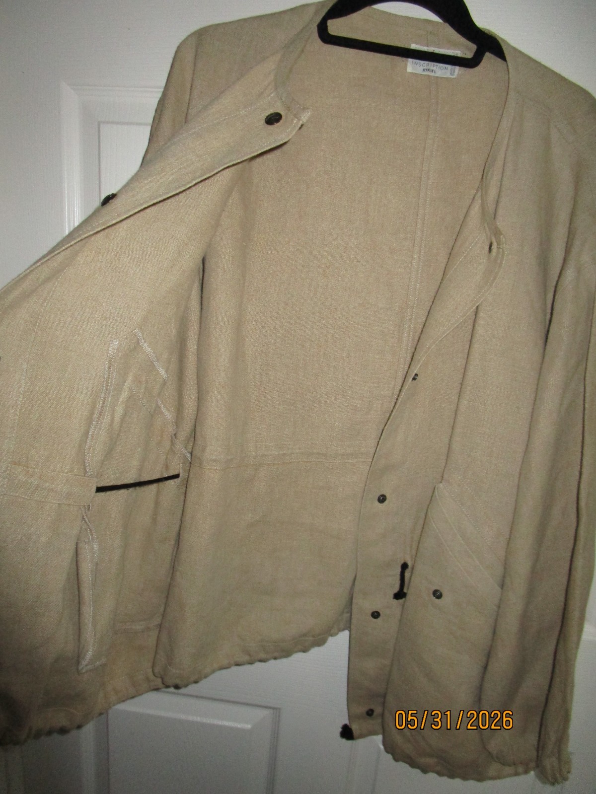 VTG XL L SONIA RYKIEL INSCRIPTION FRANCE TAN LINEN OVERSIZE UTILITARIAN JACKET