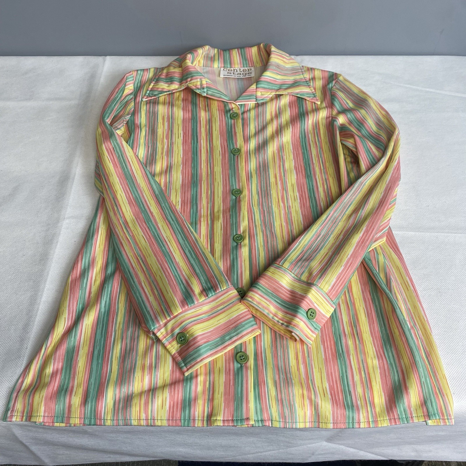 Vintage 70s Center Stage Button Down Shirt Women Medium Yellow Stripe Disco Flaw