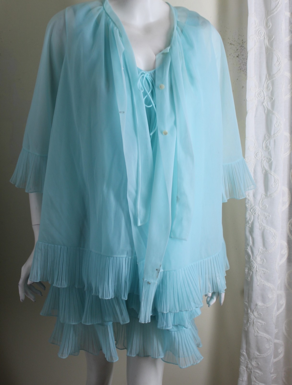 as is GodFried Vintage 60s 70s Blue Nylon Pegnoir Jacket Robe Set Sz S M