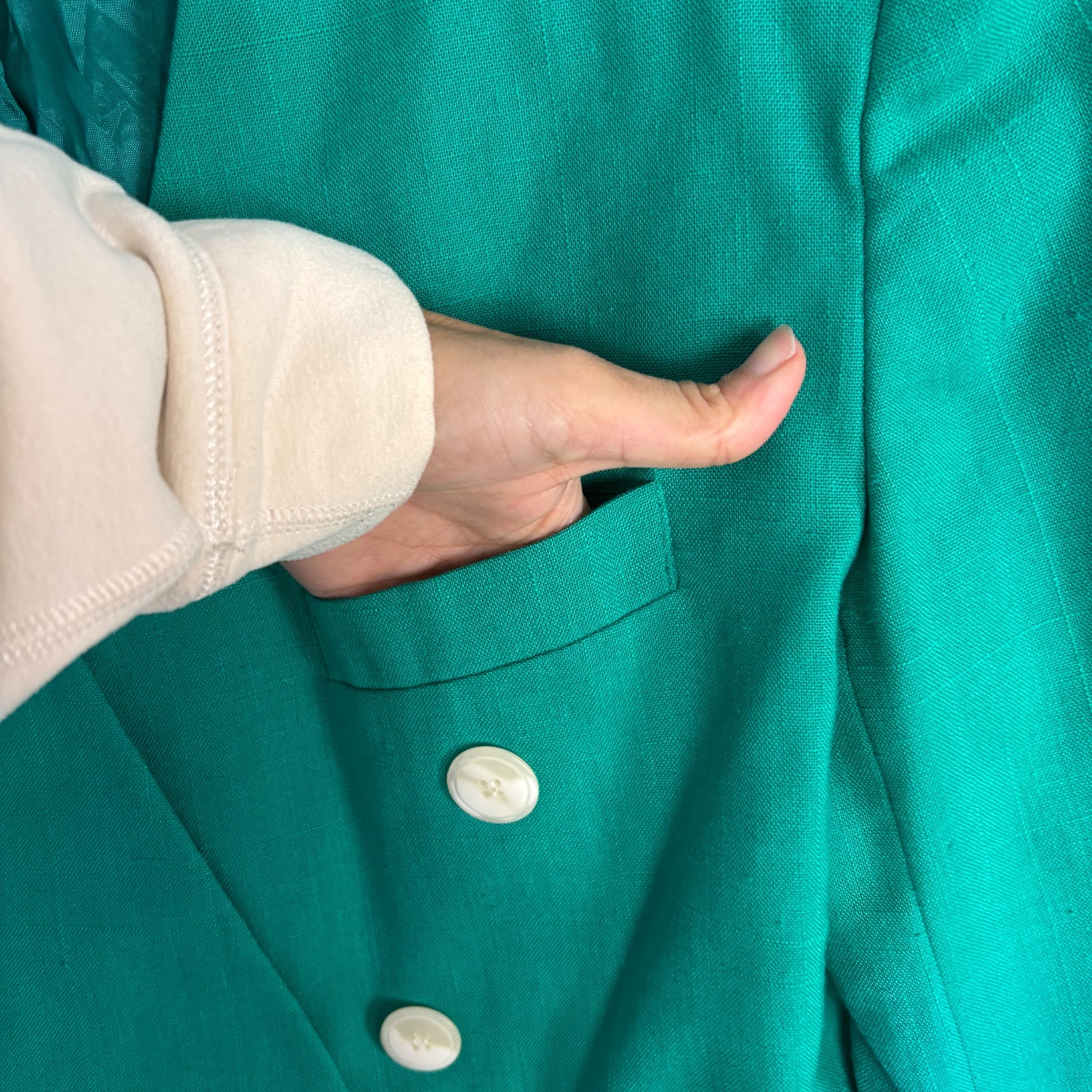 VTG Cropped Blazer 80s Double Breasted Teal Green Haber Dasher M L Knit