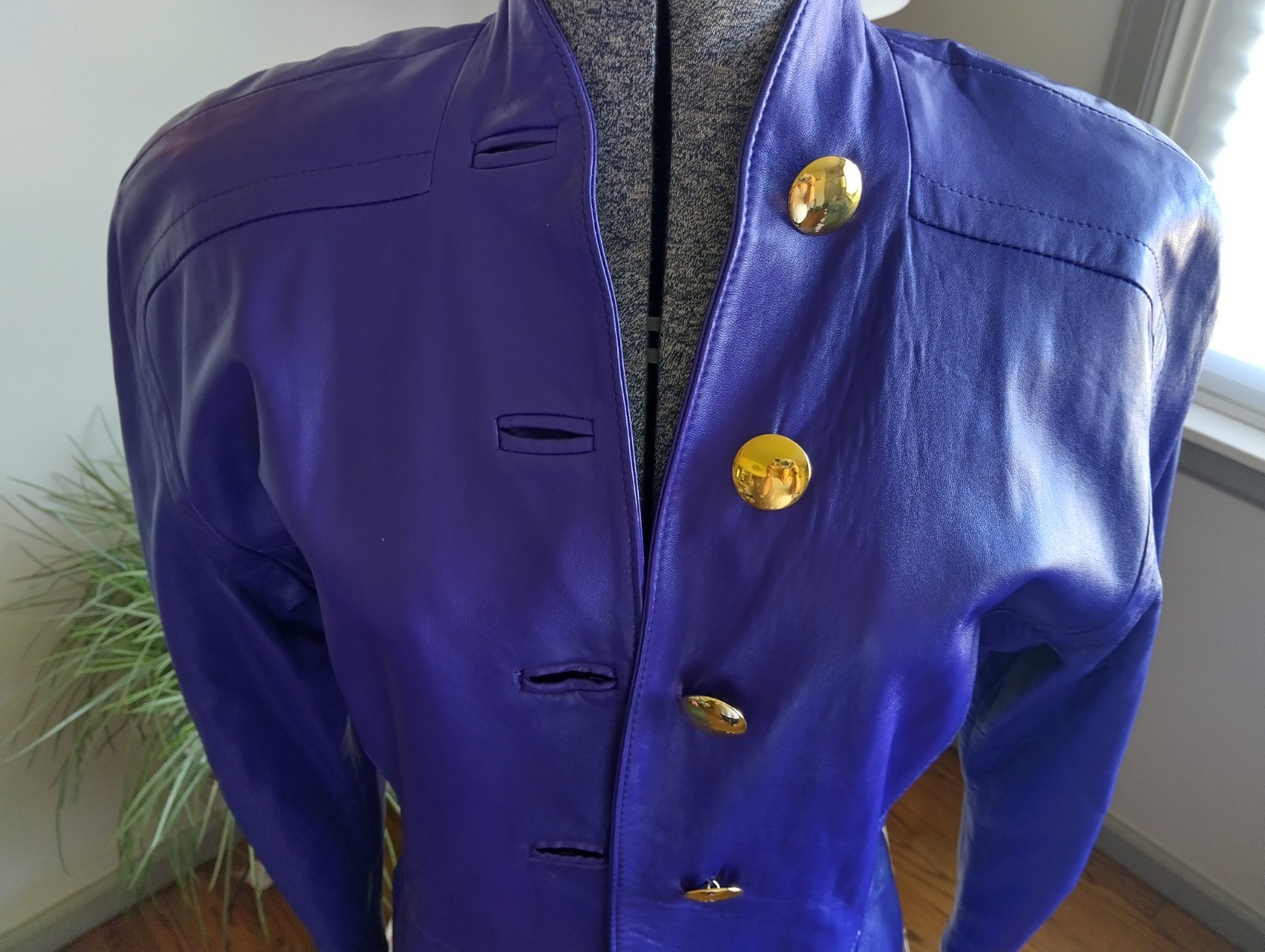 1980s Purple Leather Coat Jacket Made in Italy Size 6 Gold Buttons Prince Style