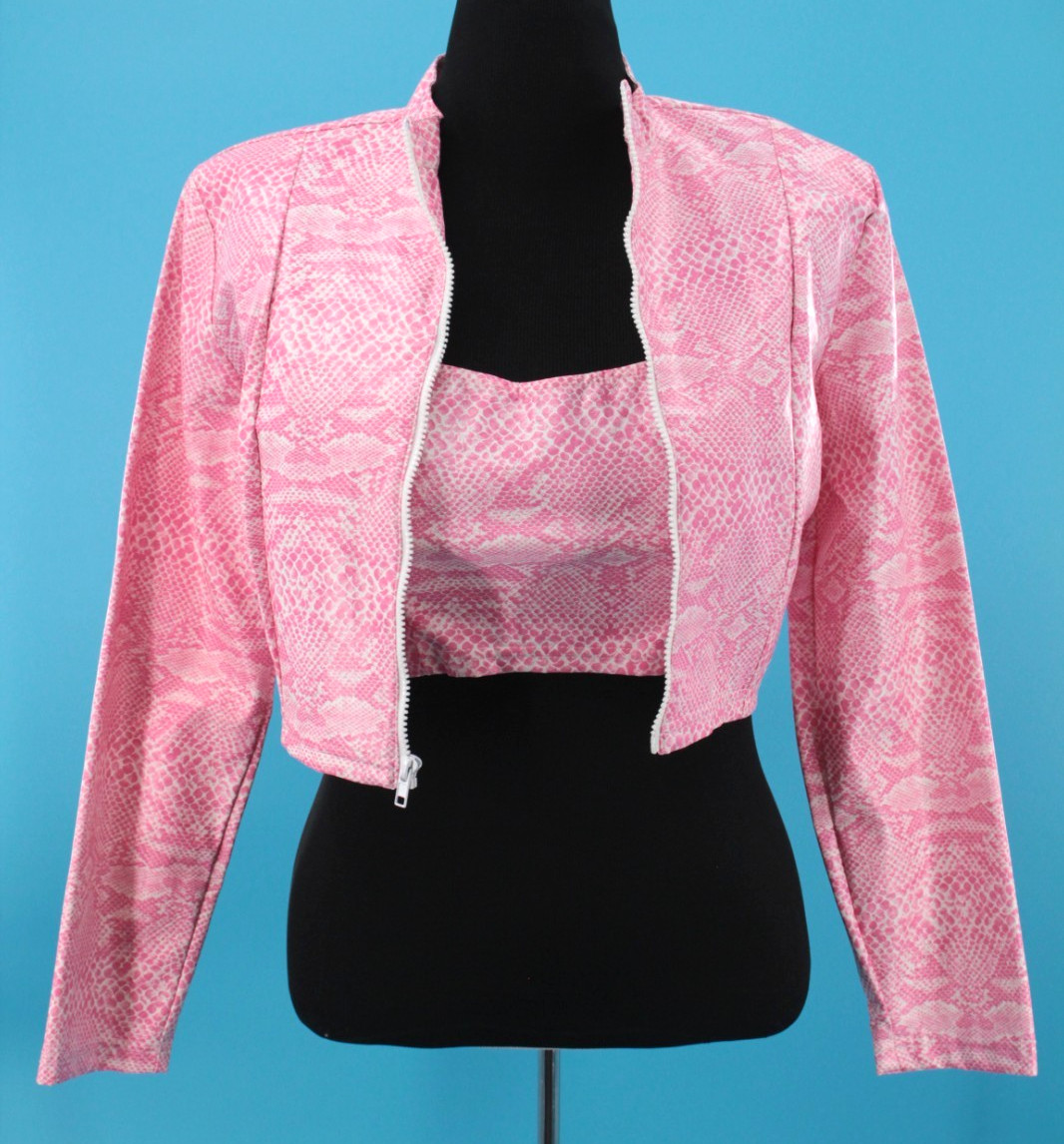 VTG Women’s 90s Pink 2 Pc Faux Snake Frederick’s Of Hollywood Jacket & Top Sz L