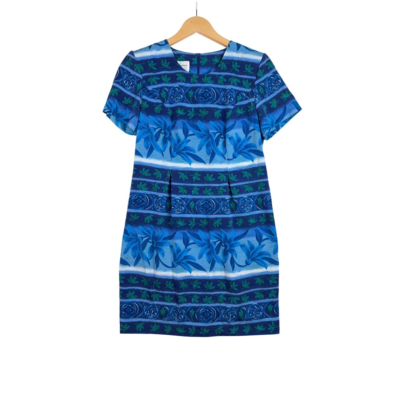 Betsy Lauren Vintage 1990 Tropical Print Short Sleeve Dress size 8 Petite Blue