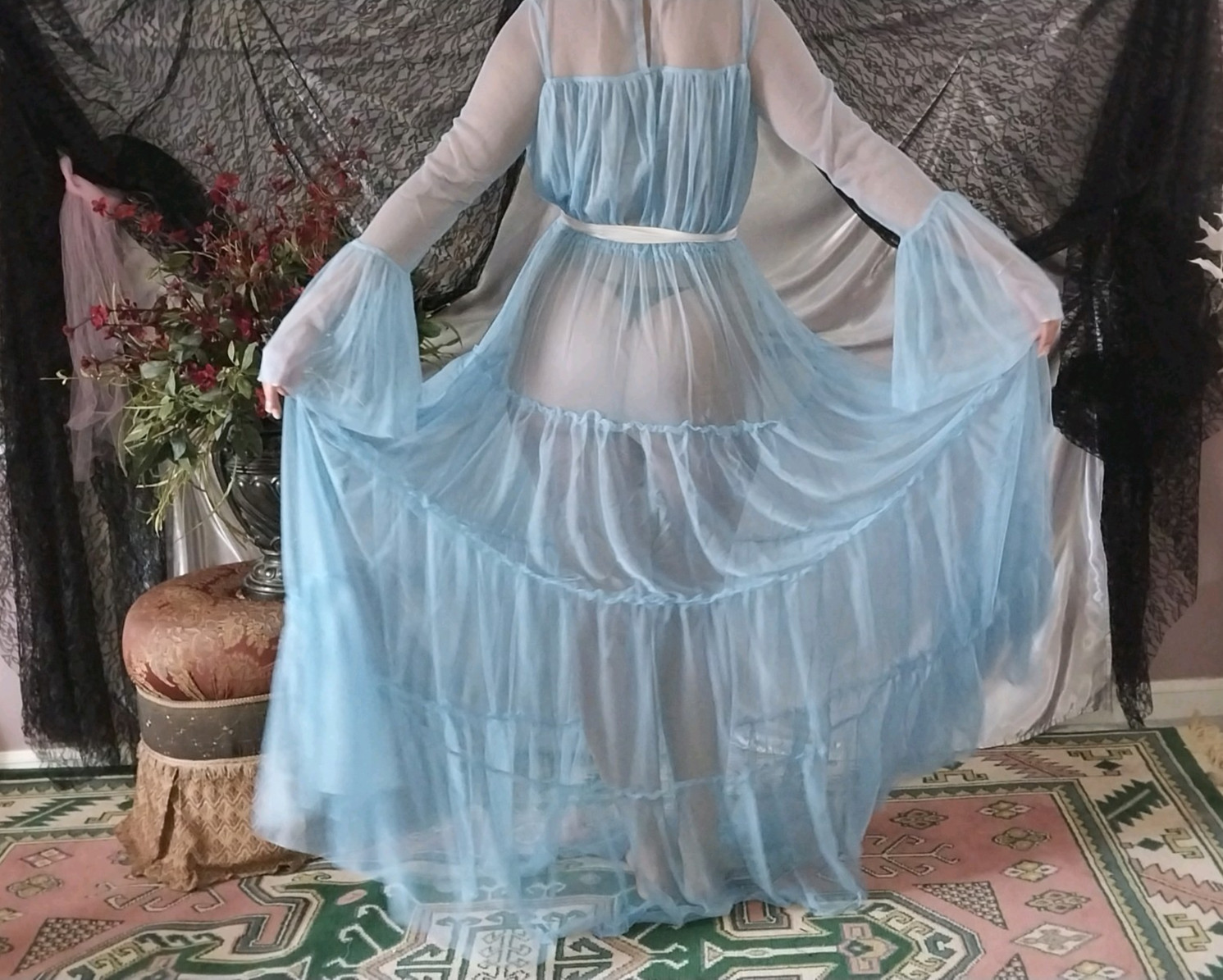 VTG NYLON BABY BLUE OPAQUE SHEER RUFFLES LAYERS TIER BELL SLV SWEEP NIGHTGOWN 48