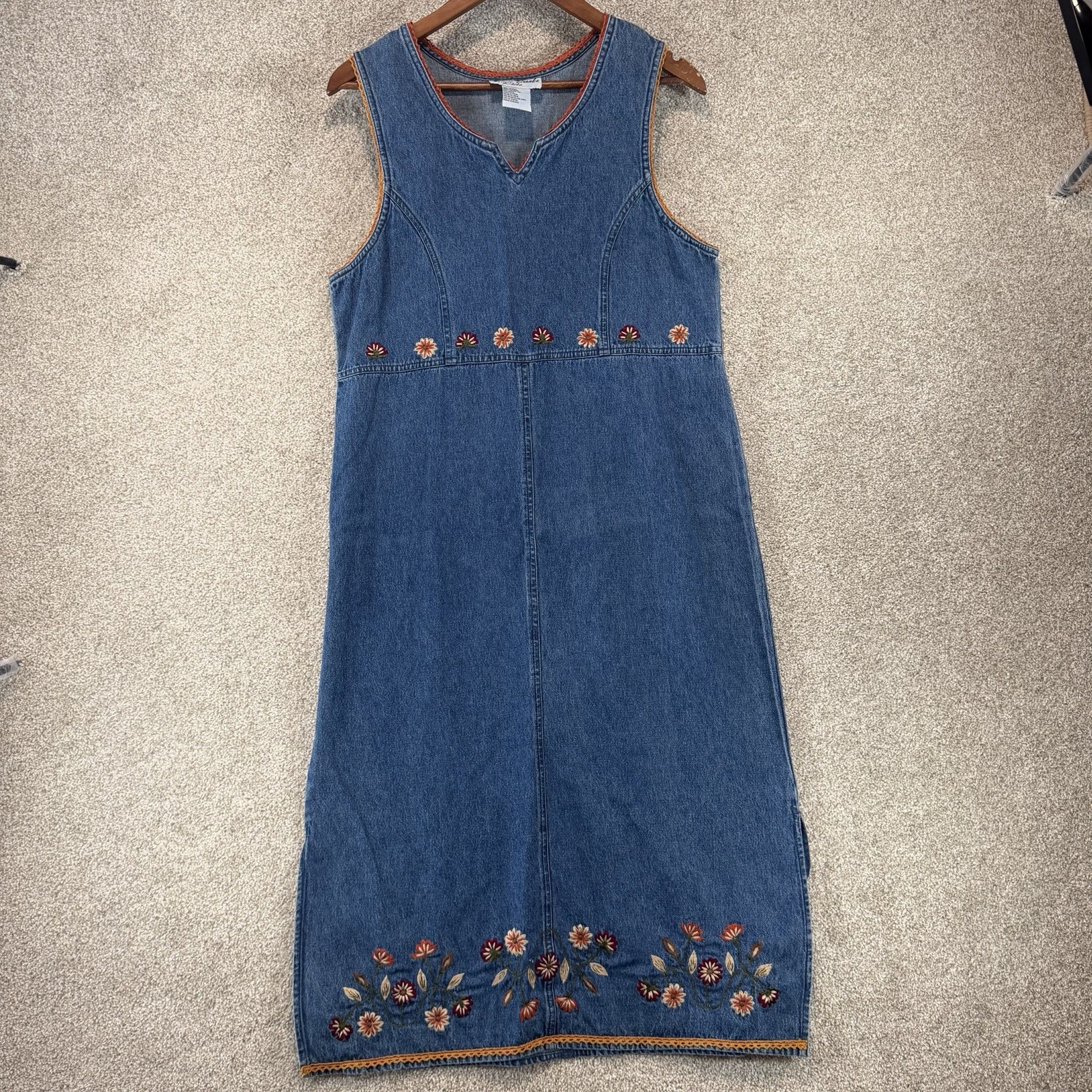 90s Jamie Brooke Denim Embroidered Floral Dress Teacher Cottage Granny Core PS
