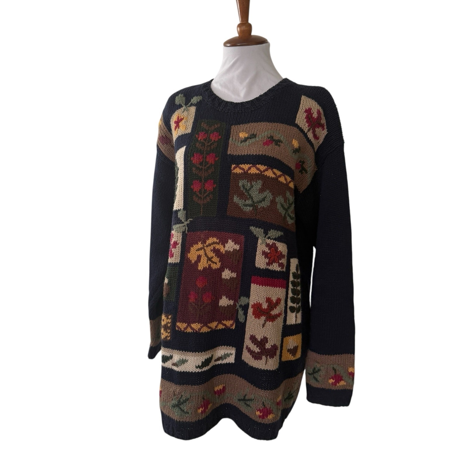 Vintage Floral Novelty Knit Floral NavyOversized Sweater M