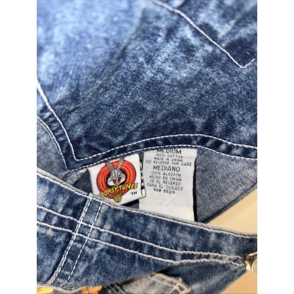 Vintage Looney Tunes Tweety Denim Overall Shorts Embroidered Pockets Blue Medium