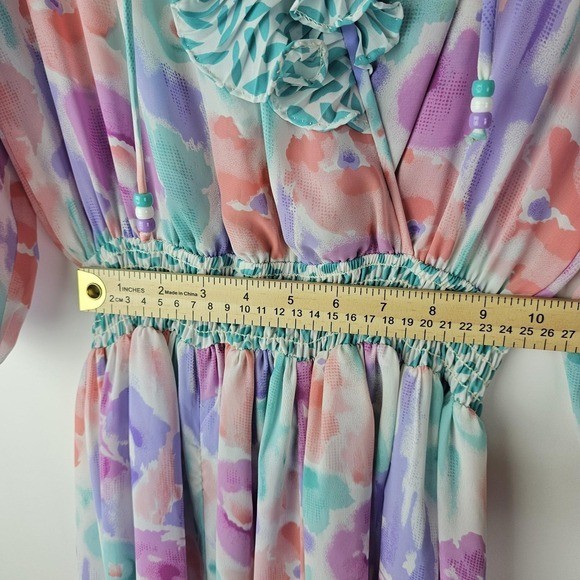 80s Vintage Assorti by Susan Freis Pastel Ruffle Bodice Dress Small Ruffle LS