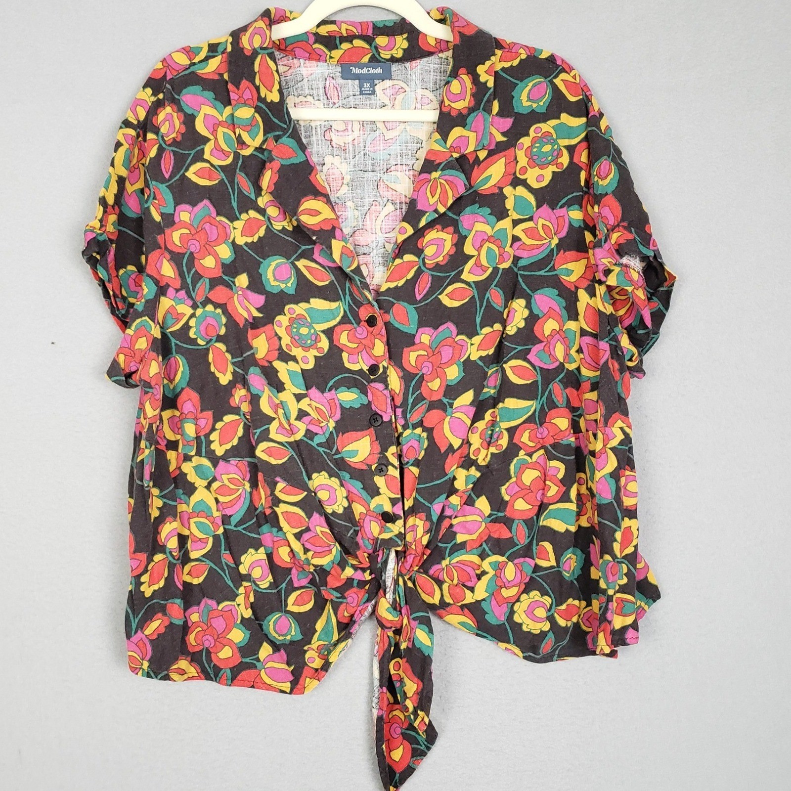 ModCloth Size 3X Tie Front Retro Floral Blouse Eclectic Dopamine Disco Summer