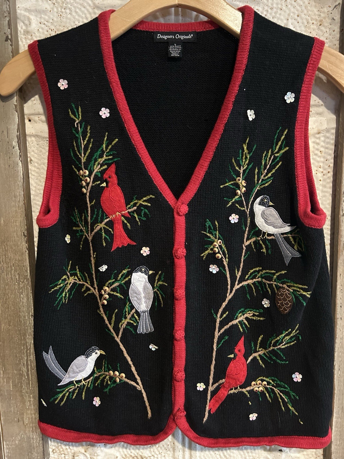 VTG Women’s Christmas Vest Appliqué Cardinals/ Birds Beaded Heads Size L