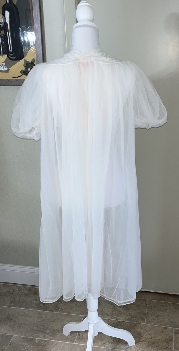 Vintage Avian Peignoir Nightgown And Robe Set White Lace Trim Sheer Small Nylon