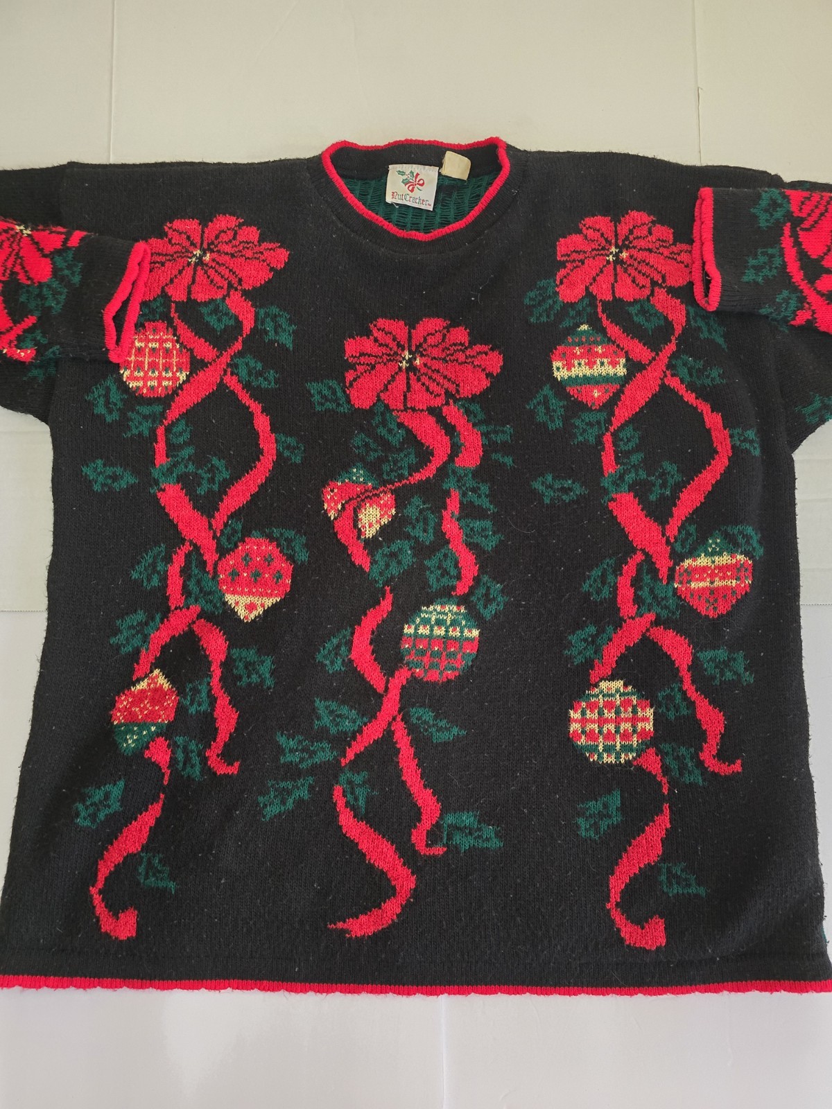 Vintage Nutcracker XL Holiday Sweater Bows Holly Ornament Grannycore