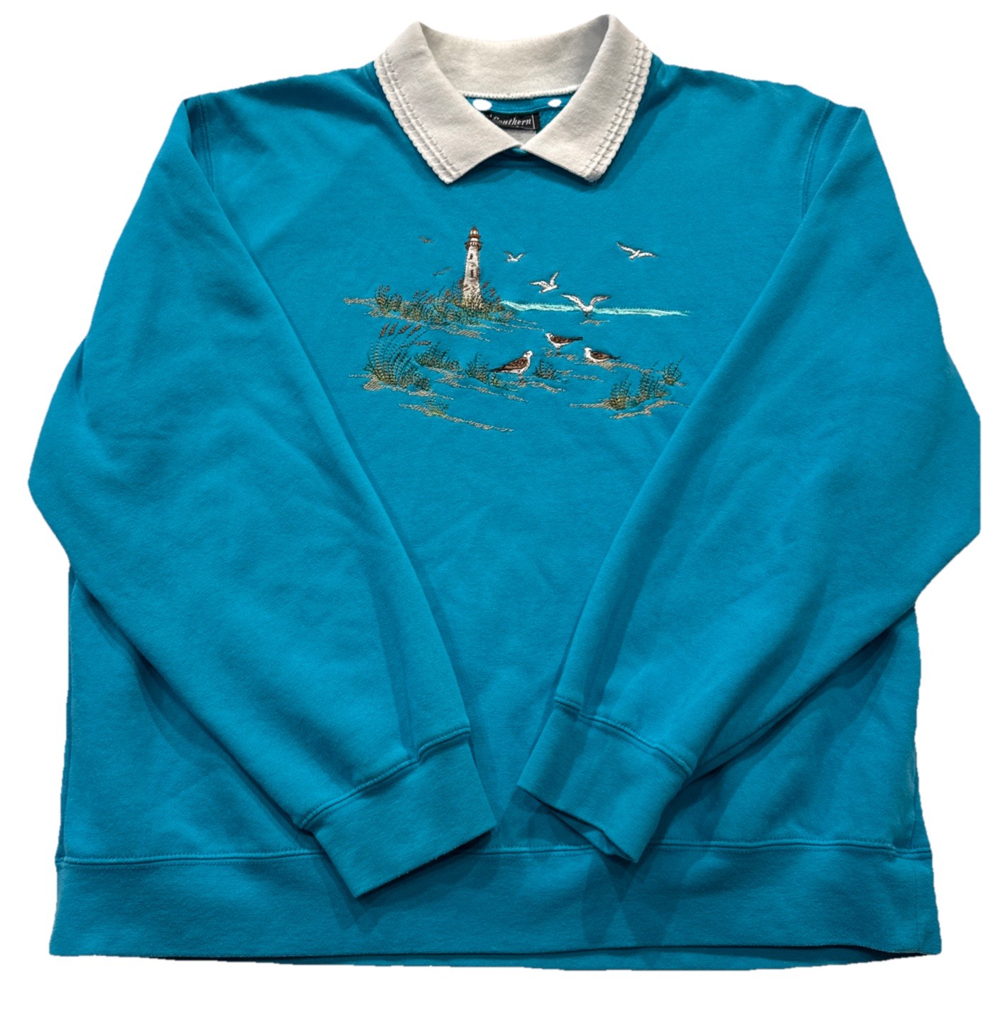 VTG Grandma/Cottagecore/Lighthouse/Coastal/Embroidery Collared Sweatshirt