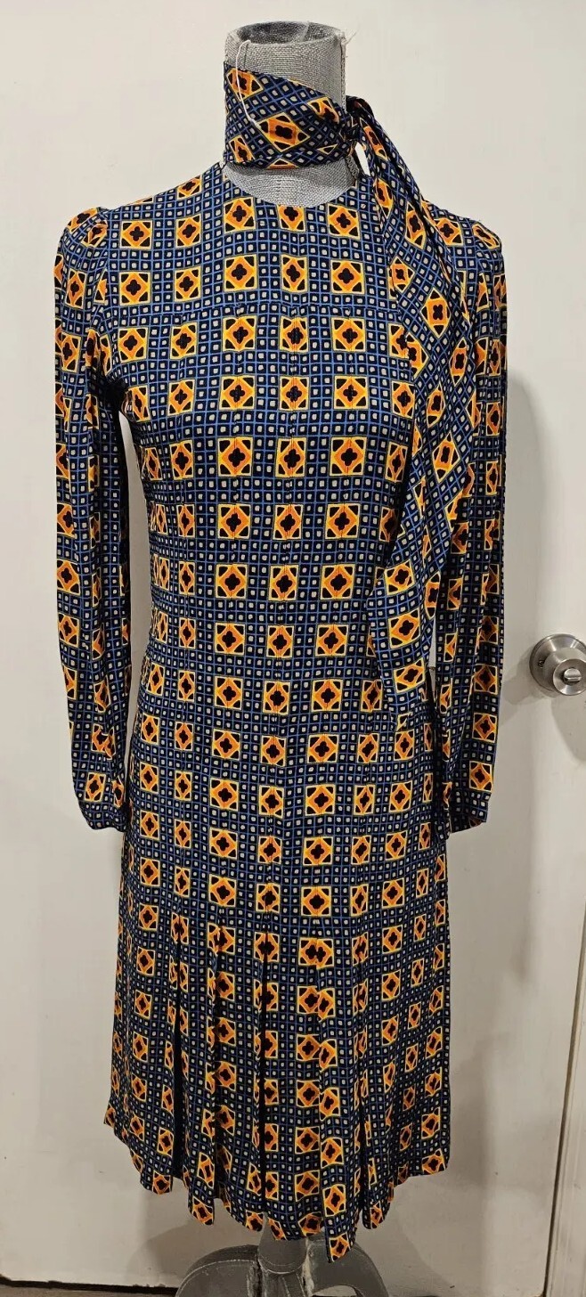 Jean Louis Scherrer Size 38 Vintage 70s Dress + Matching Scarf/Belt Blue Yellow